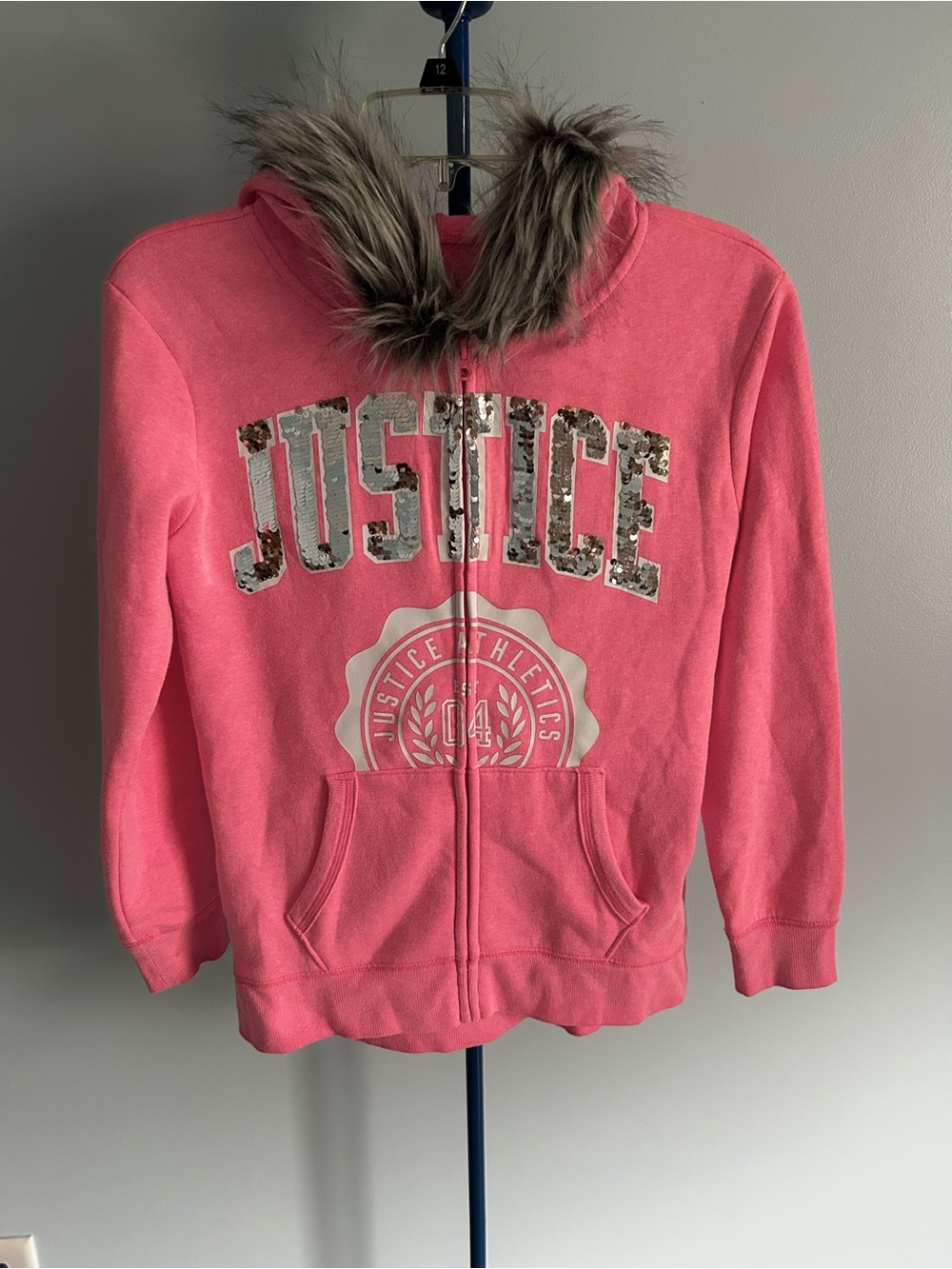 Justice Active Girls 14/16 Pink Full Zip Hoodie with Sequin Logo & Faux Fur Hood